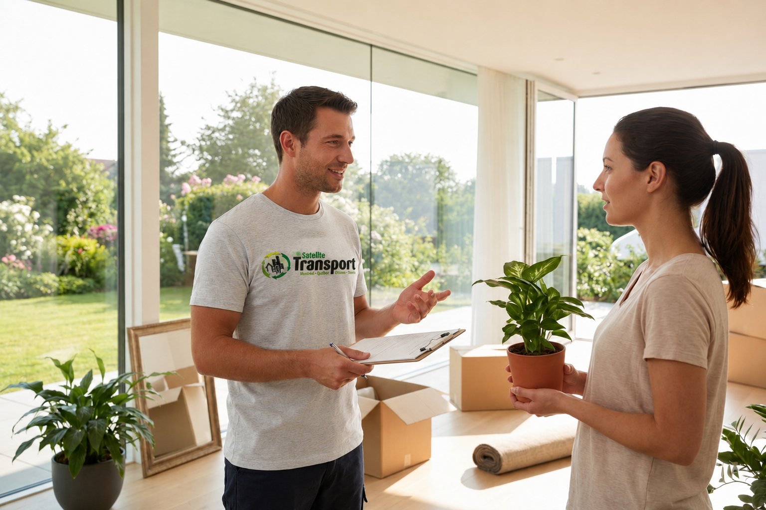 A Satellite Transport crew member reviewing move details with a homeowner