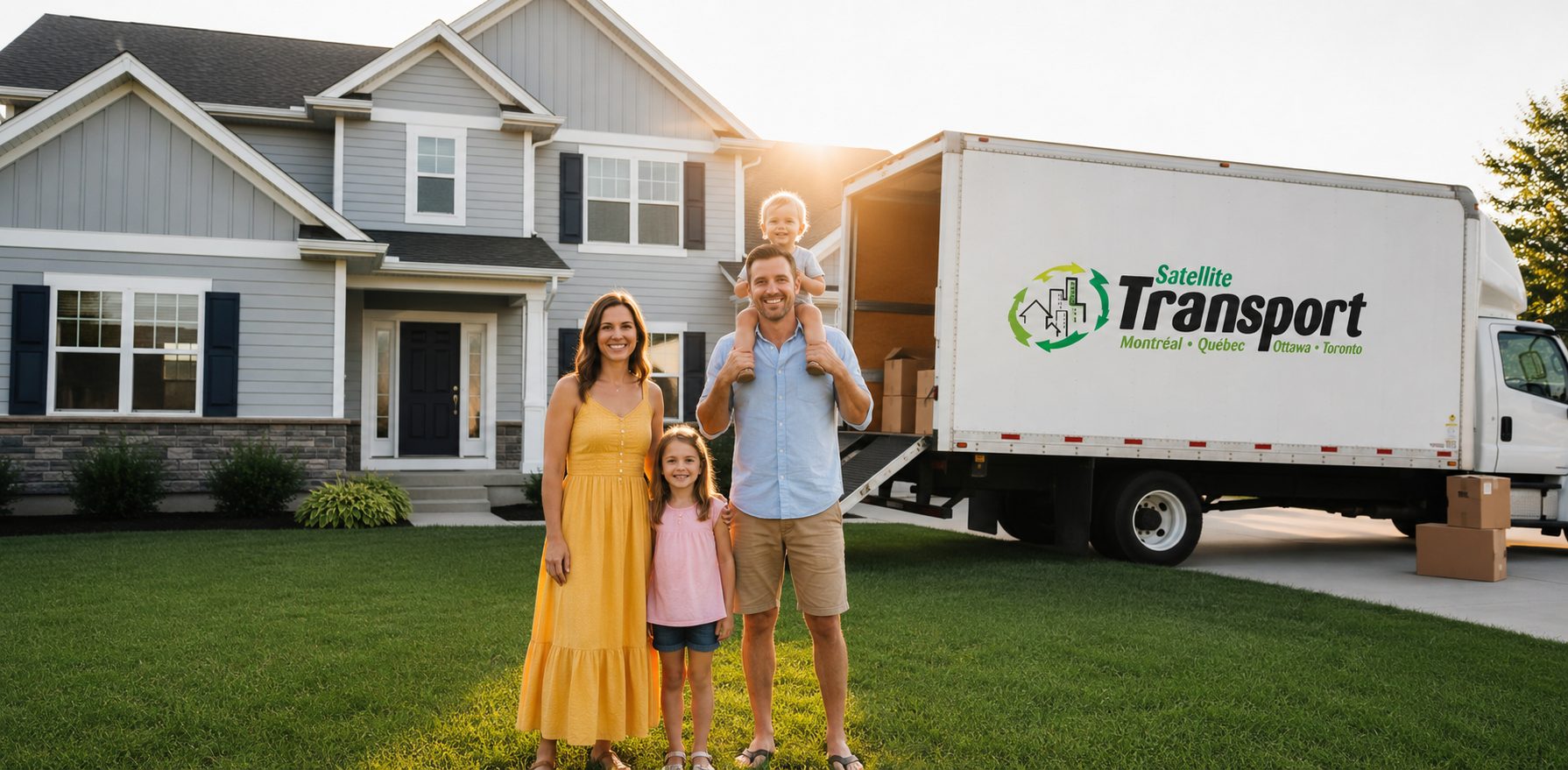 Happy family in front of their new home with a Satellite Transport moving truck